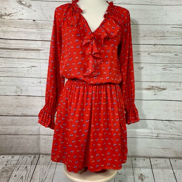 Gap Red Blue Yellow Tiny Floral Print, Ruffle Details Pockets Fit Flare Dress - Picture 3 of 8